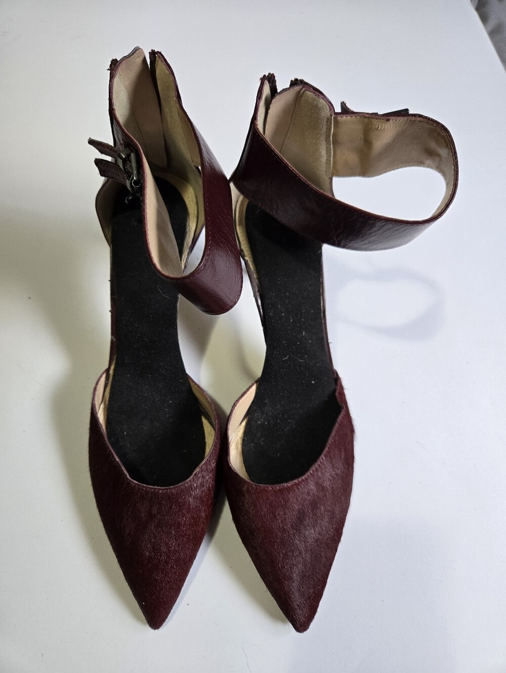 Pointed Ankle-Strap Heels in Burgundy